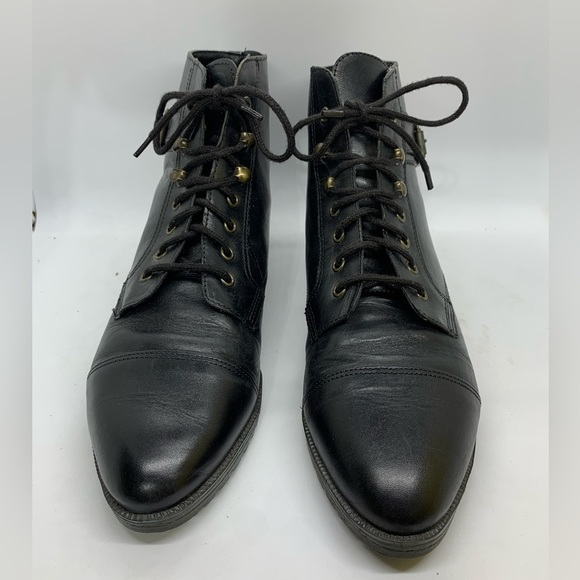 Vintage Sandra Miller Hardy Black Buckle Leather Lace Up Ankle Boot Size 8.5 - Picture 1 of 12